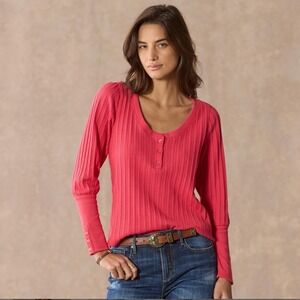 Sundance Henley V-Neck Sweater Pointelle Long Sleeve Sz Large Red Coral $88